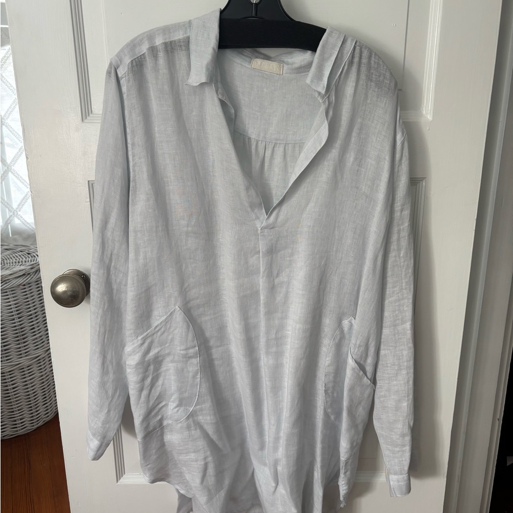 CP Shades Light Blue Linen Oversized Button Front Longsleeve Shirt Women Size L